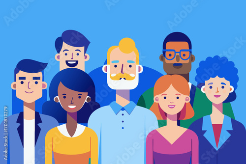 Flat Design Business Team Vector – Diverse Professional People Standing Together in Corporate Style.