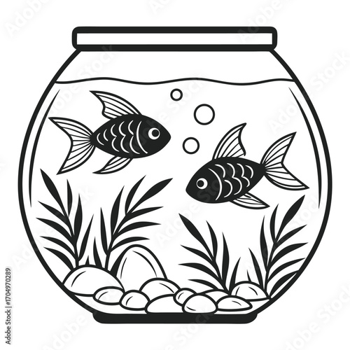 Vector art of simple black and white illustration of two fish swimming in a round fishbowl with aquatic plants and bubbles
