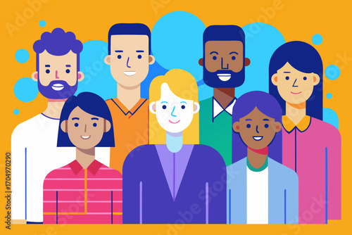 Flat Design Business Team Vector – Diverse Professional People Standing Together in Corporate Style.