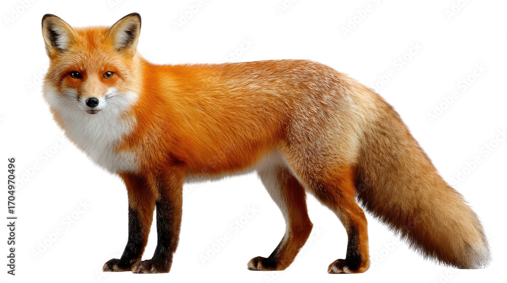 Fototapeta premium Red Fox in its Splendor: A majestic red fox stands proud, showcasing its vibrant reddish-orange fur. The photograph celebrates the untamed spirit of the wild.
