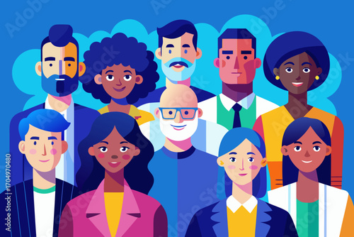 Flat Design Business Team Vector – Diverse Professional People Standing Together in Corporate Style.