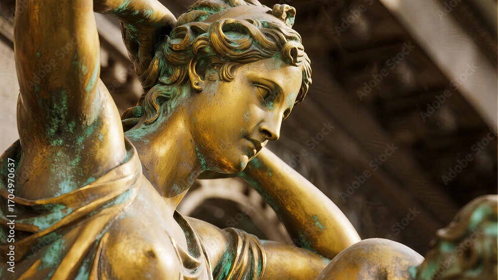 Fototapeta premium Close-Up of Aged Bronze with Verdigris Patina, Showcasing Intricate Directional Brush Strokes and Textured Details