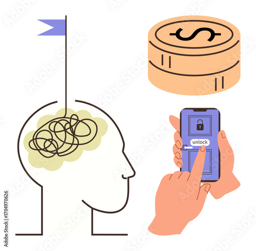 Human head with tangled lines and flag, coin stack, finger unlocking smartphone. Ideal for problem-solving, mental health, finance, technology, innovation goal-setting creativity. Simple flat