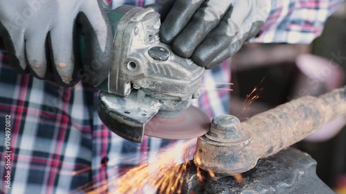 Zoom Front View Construction Industrial Factory or Metalwork Concept by Mechanic or Technician Using Grinder with Auto Part Workshop