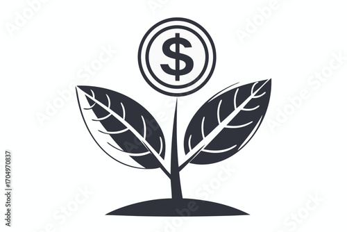 Coin blossoms atop leafy plant simple, money growth metaphor