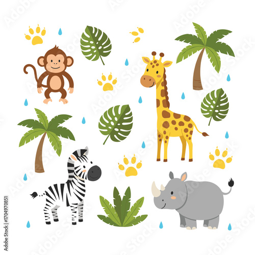 A delightful collection of cute jungle animals including a monkey giraffe zebra and rhino.