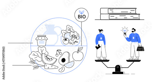 Scale comparing organic produce and innovative ideas. Includes books, jar, fruits, vegetables, and people exchanging lightbulb ideas. Ideal for ecology, balance, education sustainability