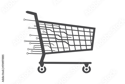 Conceptual Grey Shopping Cart with Digital Circuitry on White Background