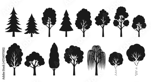Diverse Tree Silhouette Collection for Landscape Design and Environmental Graphics, Suitable for Educational Materials and Ecological Illustrations