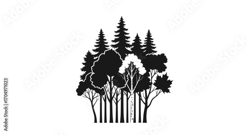 Stylized forest illustration featuring diverse tree species in monochrome vector format perfect for ecological projects, nature-themed graphics, and conservation awareness campaigns.