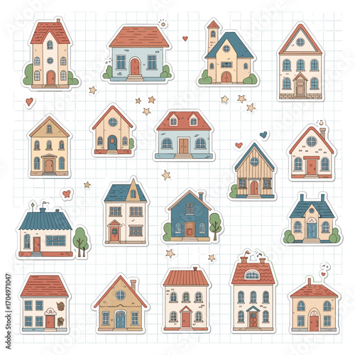 A charming collection of illustrated cozy houses and cottages for your design needs.