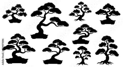 Silhouette Collection of Bonsai Trees in Various Styles and Shapes: Ideal for Asian Gardens, Zen Designs, and Horticultural Projects.