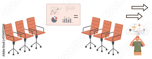 Office chairs arranged for discussion, data chart, arrows indicating flow, and person brainstorming with cloud of ideas. Ideal for teamwork, innovation, analysis, leadership, planning organization