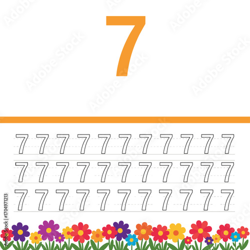 Learn to trace the number seven with fun floral decorations.