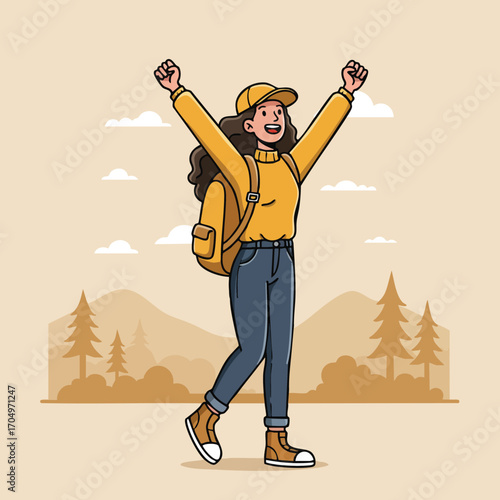 Young woman hiking outdoors with backpack celebrating nature in autumn forest landscape illustration 