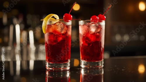 Wallpaper Mural Two vibrant red cocktails garnished with cherries and lemon slices on a dimly lit bar counter, capturing the essence of a cozy evening in a stylish lounge with blurred background lights Torontodigital.ca