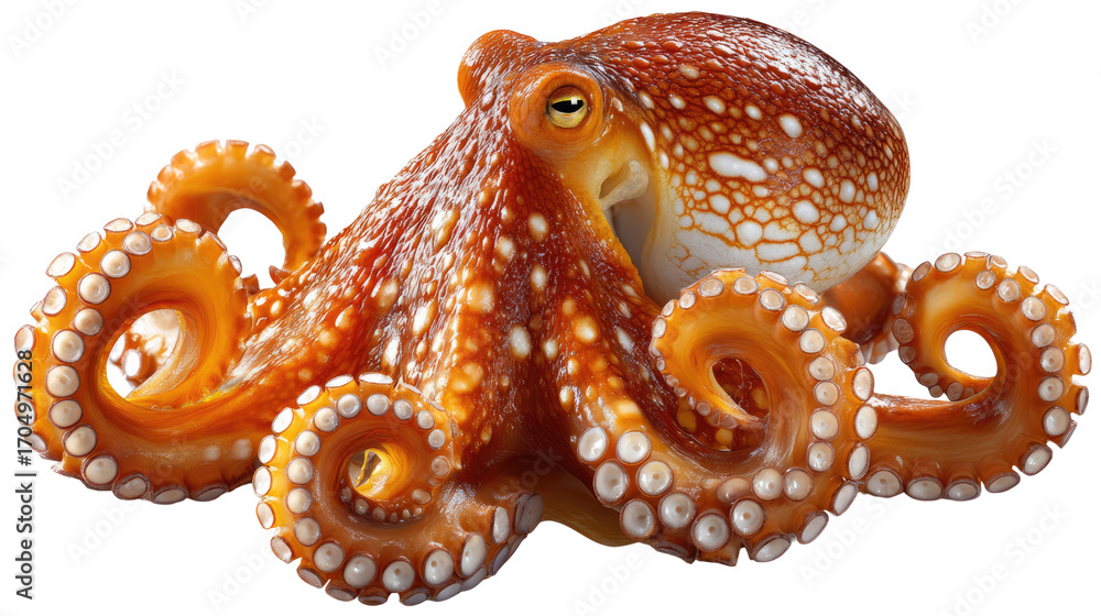 Fototapeta premium Captivating Octopus Close-up: A vibrant, eye-level shot of a magnificent octopus, showcasing its intricate details and intriguing features.