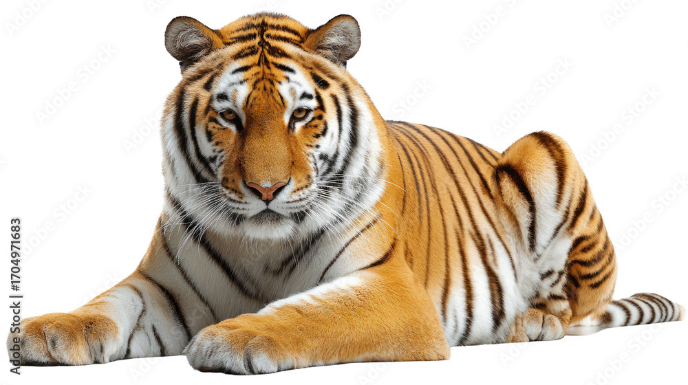 Obraz premium Majestic Tiger in Repose: A stunning tiger reclines regally, its amber and black stripes gleaming under the sunlight.