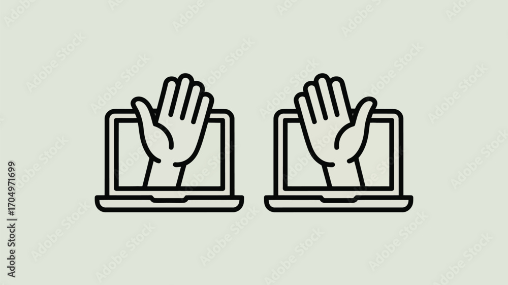 Fototapeta premium Two laptop icons displaying a hand reaching out from the screen in a simple line drawing style design