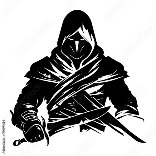 Monochrome Assassin Vector Illustration of Stealth Hooded Warrior Fighter with Mask and Dagger Isolated on Transparent Background

