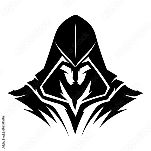 Monochrome Assassin Vector Illustration of Stealth Hooded Warrior Fighter with Mask and Dagger Isolated on Transparent Background
