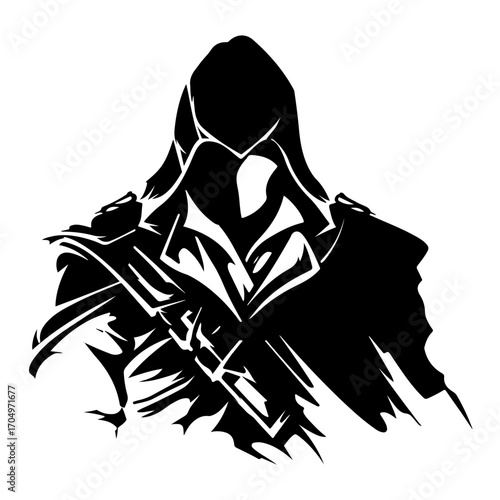 Monochrome Vector Illustration of Assassin Warrior Fighter in Hooded Mask with Dagger Stealth Style Isolated on Transparent Background