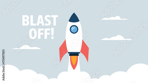 Illustration of a white rocket with red fins blasting off against a light blue sky with clouds