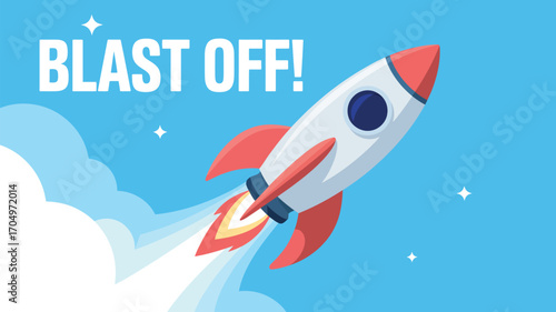 Illustration of a white and red rocket ship blasting off with clouds and stars on a blue background