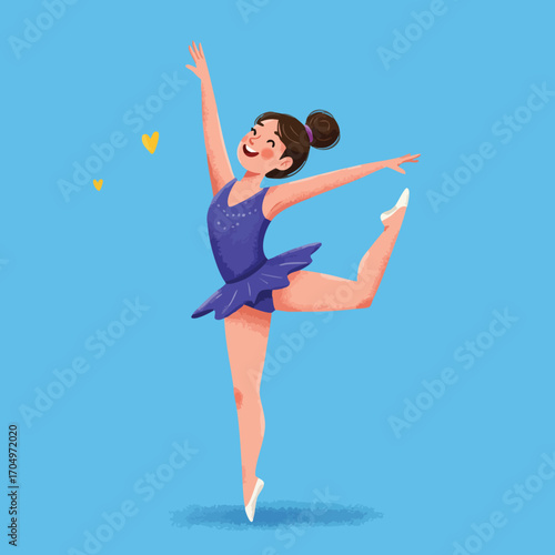 Young ballet dancer girl in purple tutu dancing on blue background with yellow hearts vector illustration 