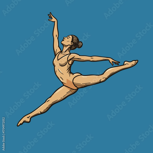 Female ballet dancer performing a grand jeté jump with arms and legs extended against blue background vector illustration 
