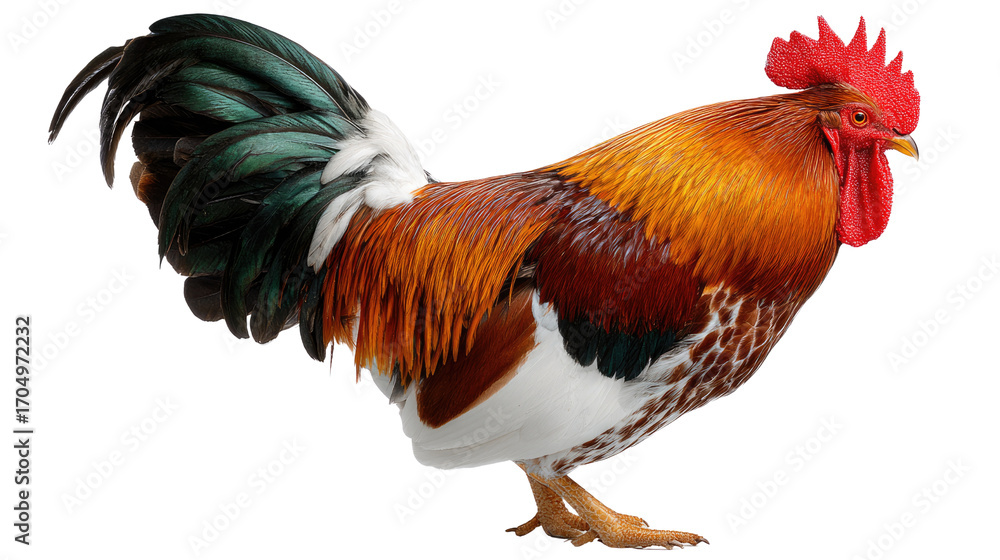 Fototapeta premium Majestic Rooster Portrait: A vibrant rooster stands proudly, showcasing its vivid plumage in a captivating photographic composition, perfect for any poultry-themed design.