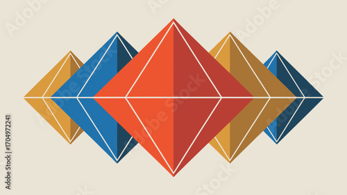 A geometric arrangement featuring five diamond shapes in red, blue, and gold with white outlines and shadows