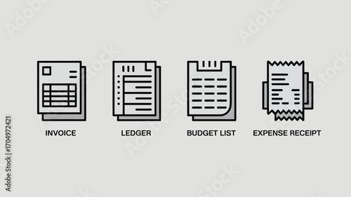 A line drawing of financial documents including an invoice ledger budget list and expense receipt