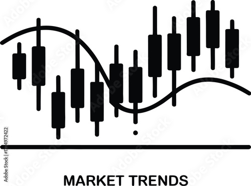 A black and white line drawing of a candlestick chart with a curved line representing market trends