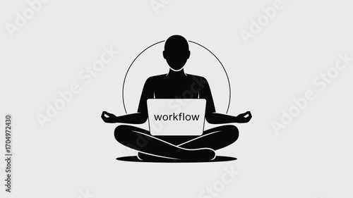 Silhouette of person meditating with laptop displaying the word workflow in a lotus position pose