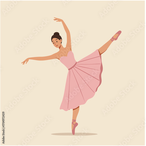 Ballerina dancing in pink dress performing elegant ballet pose vector illustration 