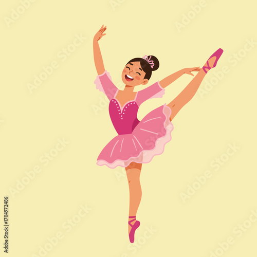 Ballet dancer performing arabesque pose in pink tutu and ballet shoes vector illustration graceful movement 
