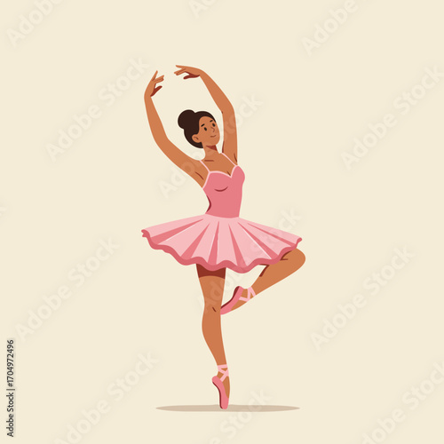 Ballerina dancing in pink tutu and pointe shoes performing ballet pose vector illustration 
