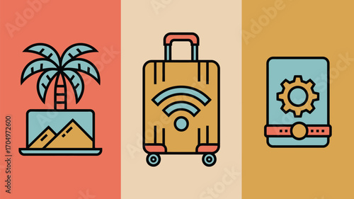 Three icons depicting a palm tree over mountains, a suitcase with wifi, and a phone with a gear symbol