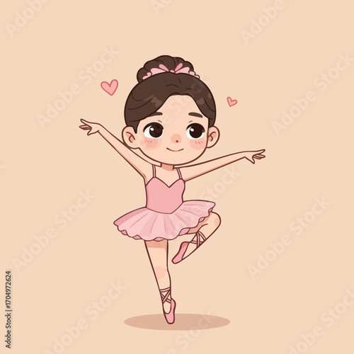 Young ballerina dancing in pink tutu and pointe shoes performing ballet pose vector illustration 