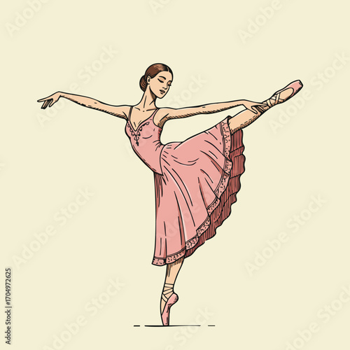 Ballerina in pink dress performing arabesque ballet pose vector illustration with beige background 