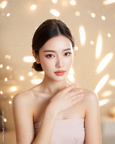 A person with smooth skin gently touching their face against a backdrop of soft, glowing lights.