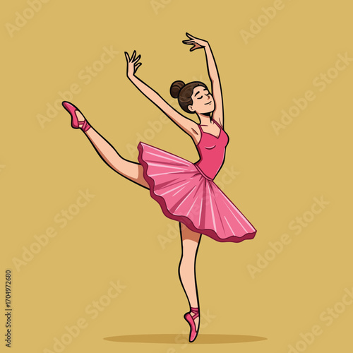 Ballet dancer performing elegant pose in pink tutu and pointe shoes on beige background vector illustration 