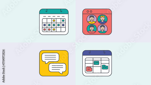 Illustration of scheduling icons including calendars, video conference and chat bubbles on a light background