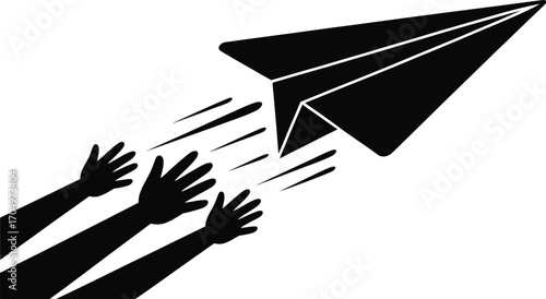 A black and white illustration of a paper airplane flying away from reaching hands with motion lines