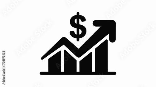 Black and white illustration of a bar graph with an upward arrow and a dollar sign indicating growth