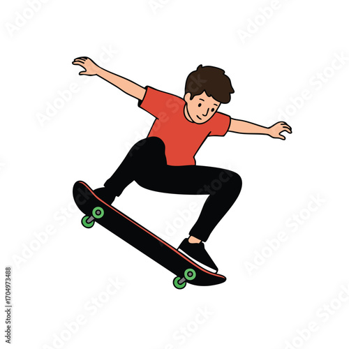 Skateboarder performing an aerial trick in casual clothes with red shirt and black pants vector illustration 