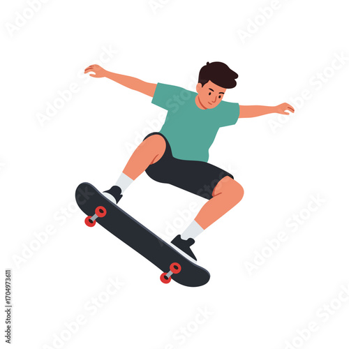 Skateboarder performing jump trick in midair wearing casual clothes vector illustration 
