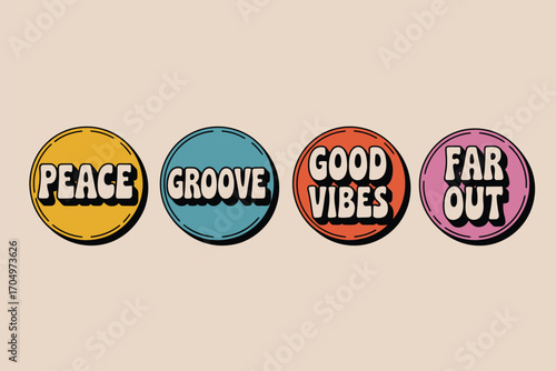 Four retro style badges displaying the words peace groove good vibes and far out on a beige background