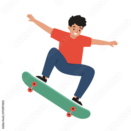 Skateboarder performing jump trick with green skateboard and red shirt in dynamic pose vector illustration 